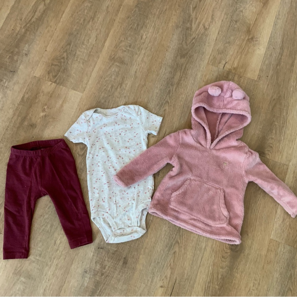 Carters/Old Navy Pink Fleece Hoodie with Onesie and Pants Set bundle